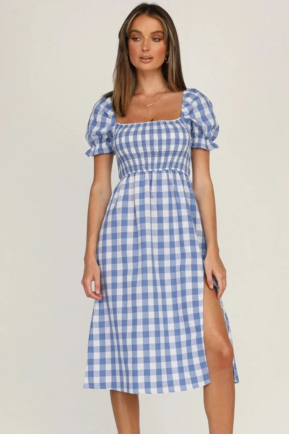 Full Size Slit Plaid Short Sleeve Midi Dress - Be Bliss Boutique