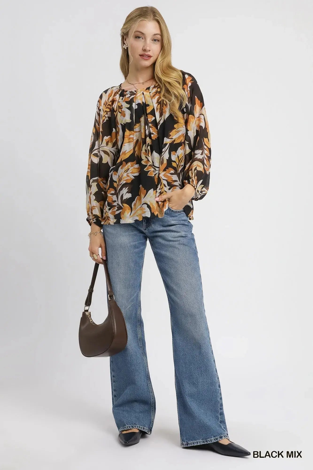 Umgee Autumn Leaf Print Balloon Sleeve Blouse - Be Bliss Boutique