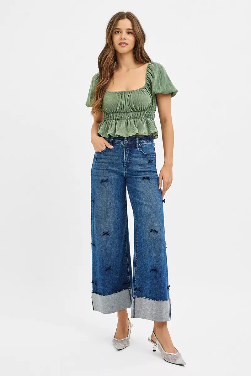 RISEN High Rise Crop Wide Leg Ribbon Detail Jeans - Be Bliss Boutique