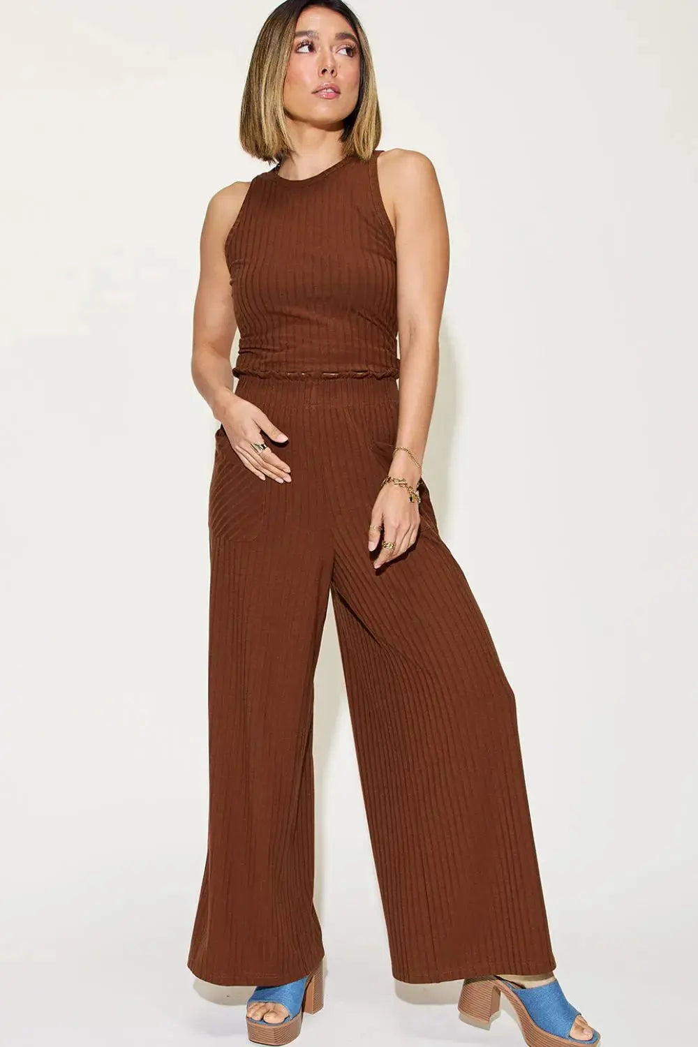 Basic Bae Full Size Ribbed Tank and Wide Leg Pants Set - Be Bliss Boutique