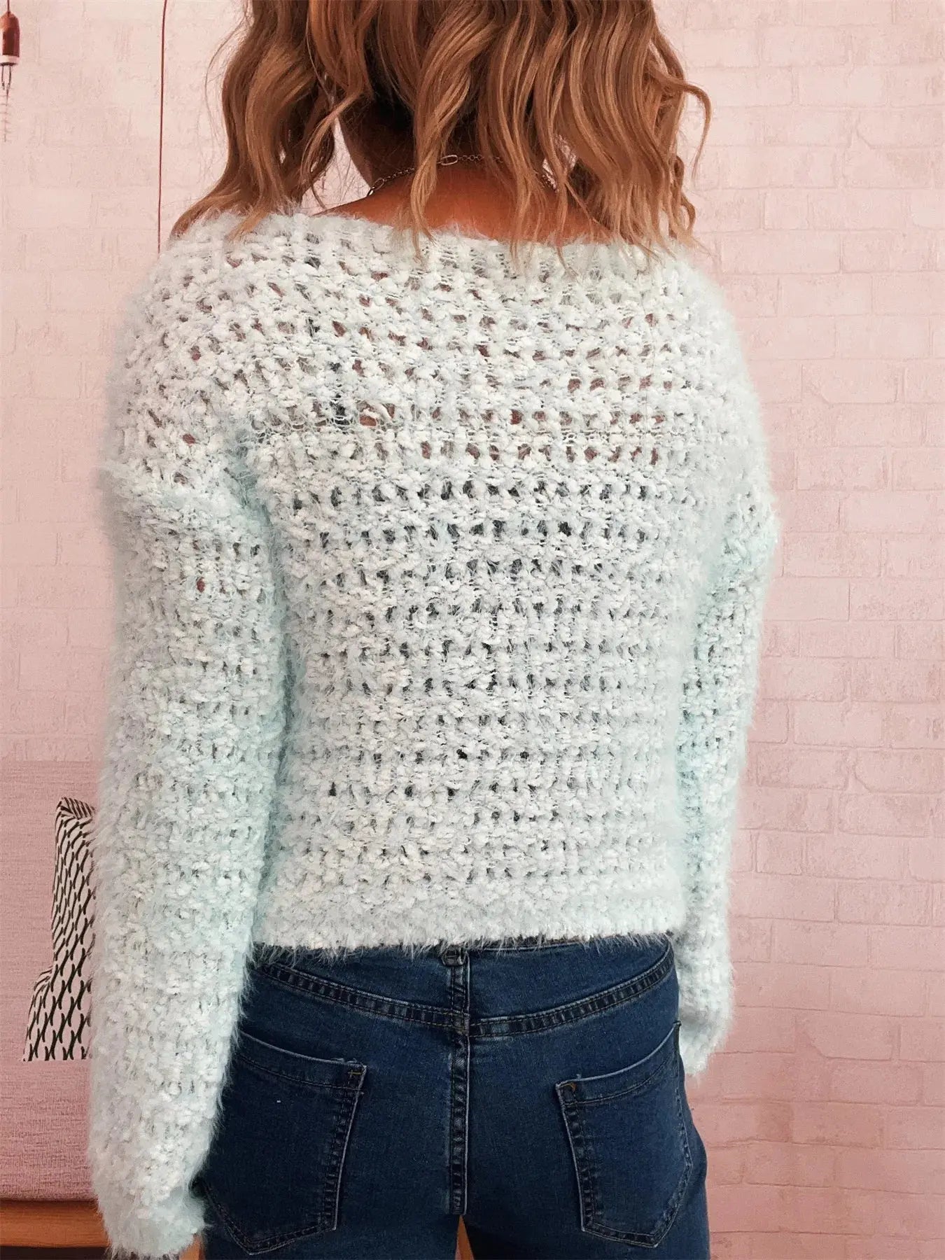 Crochet Dropped Shoulder Round Neck Sweater - Be Bliss Boutique