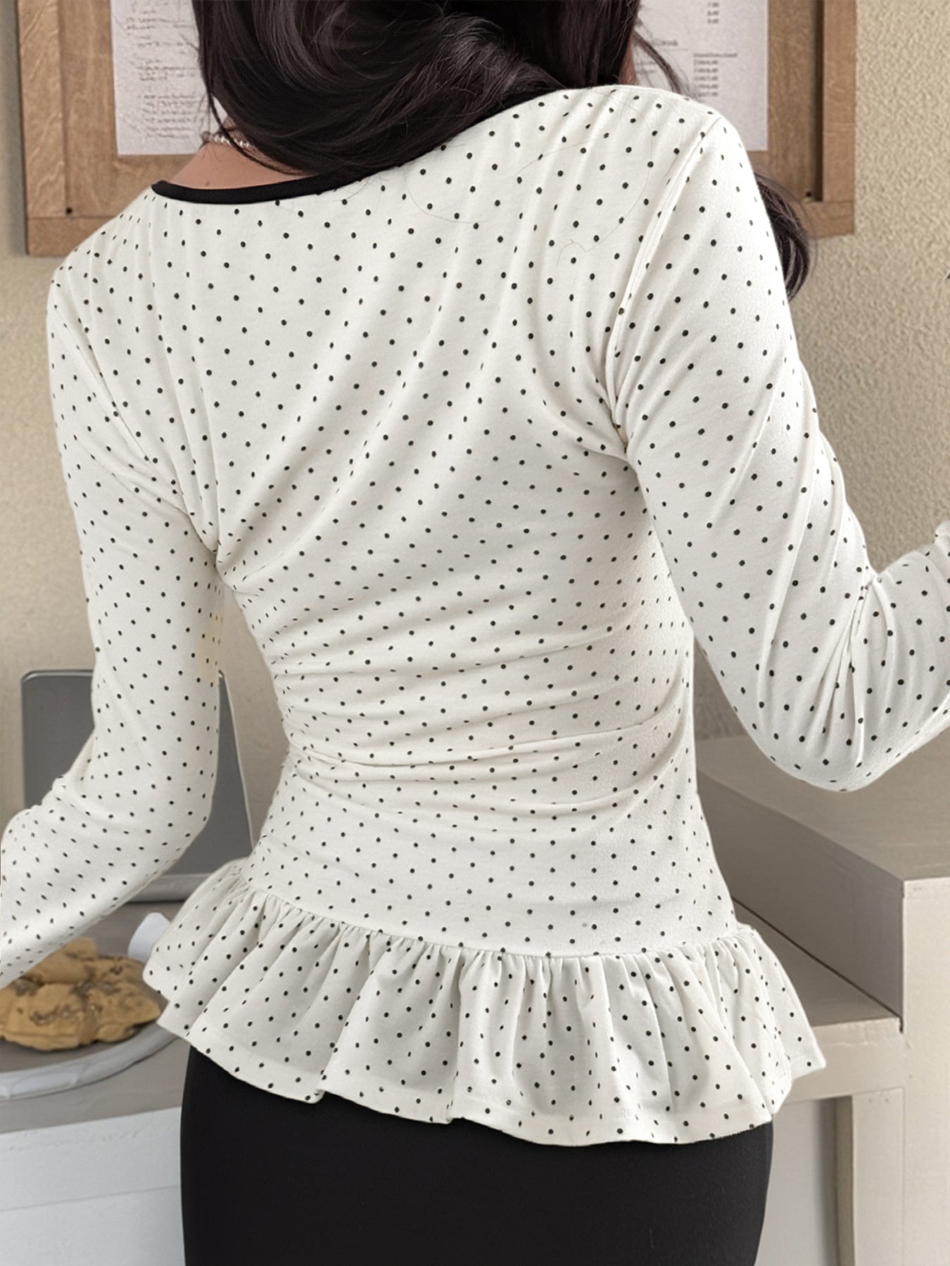 Polka Dot Ruffle Trim Tie Front Long Sleeve Top - Be Bliss Boutique