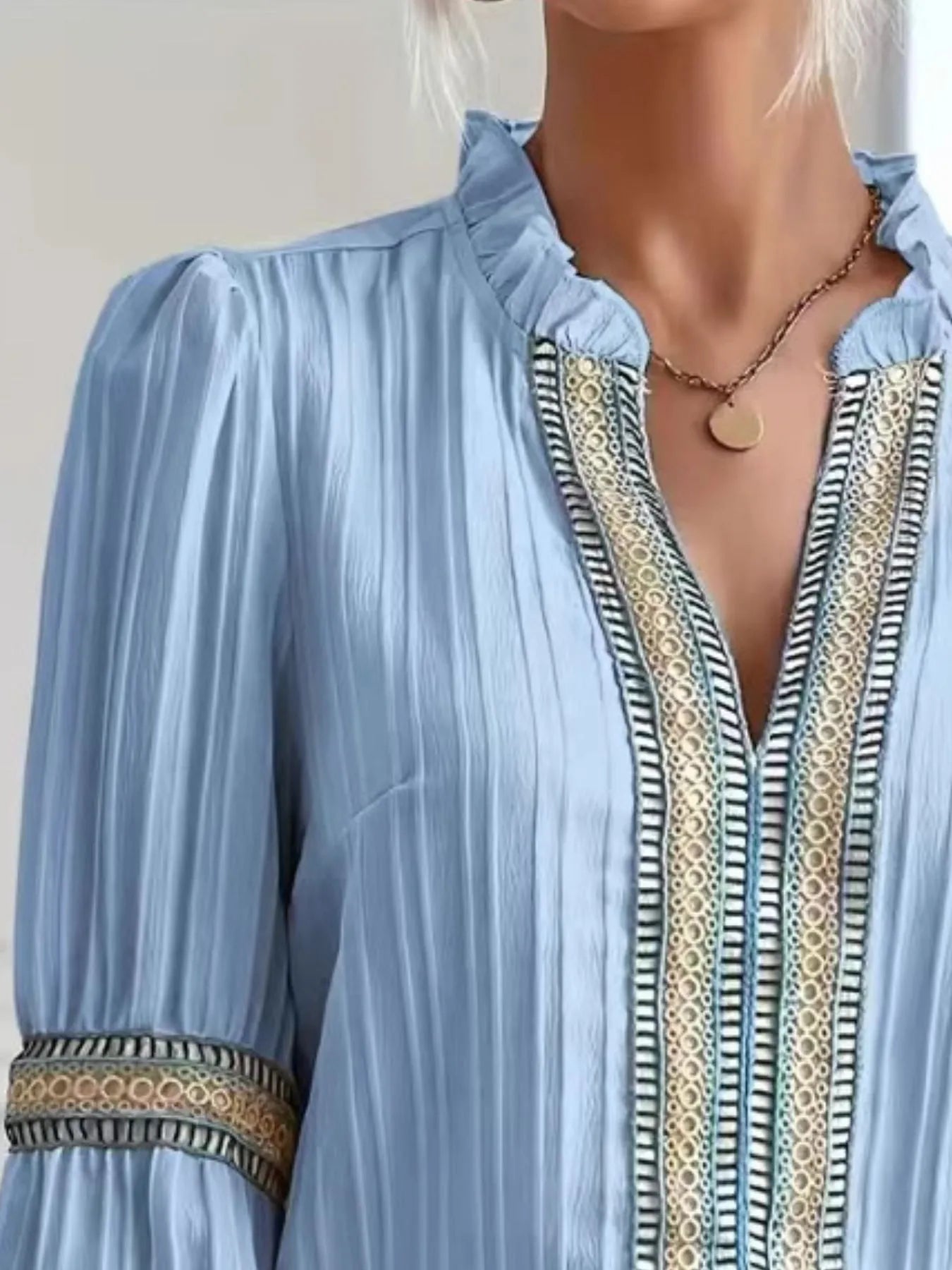 Textured Notched Balloon Sleeve Elegant Blouse - Be Bliss Boutique
