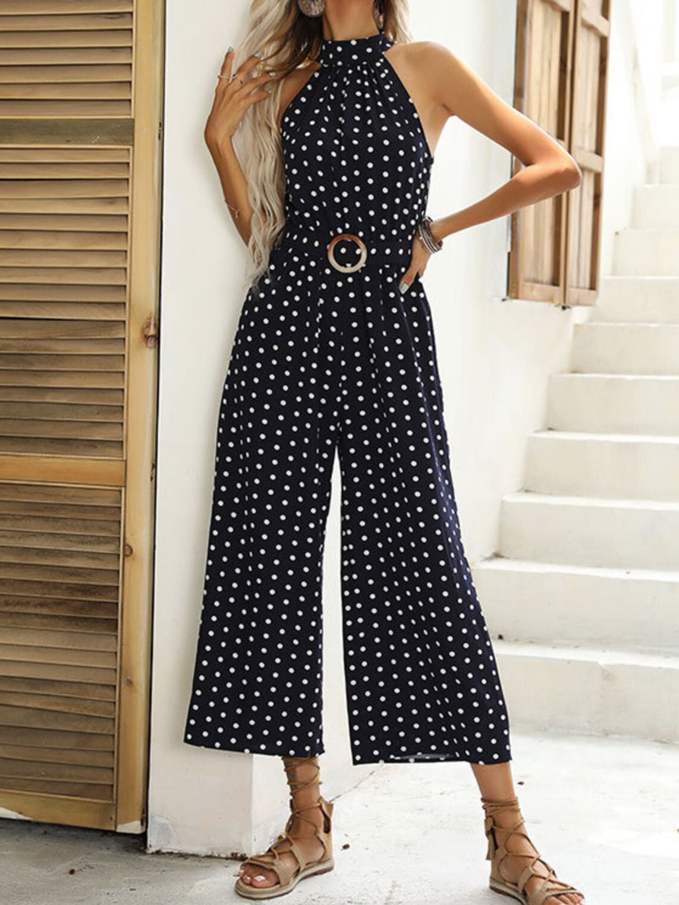 Polka Dot Halter Neck Wide Leg Jumpsuit - Be Bliss Boutique