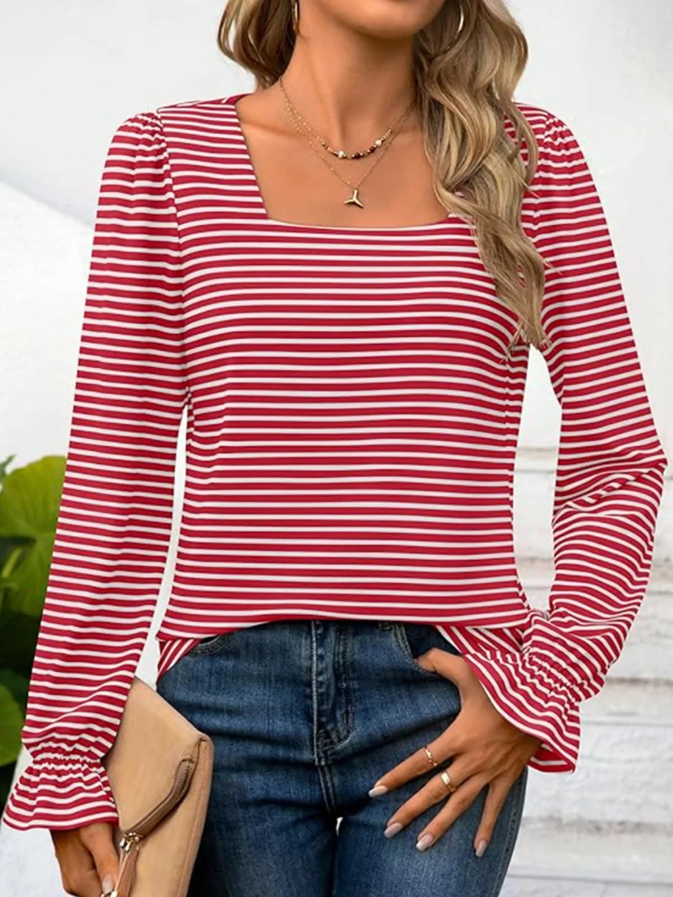 Striped Long Sleeve T-Shirt with Square Neckline - Be Bliss Boutique