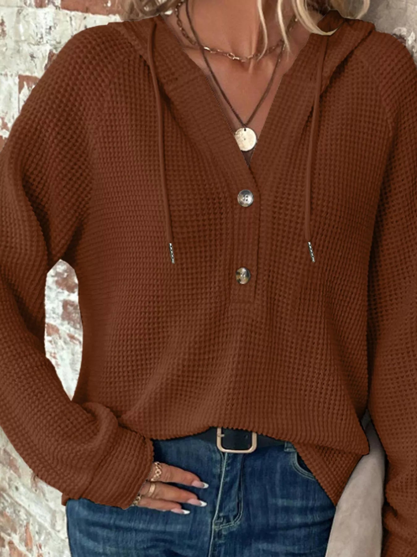 Casual Waffle Knit Button Detail Hoodie - Be Bliss Boutique
