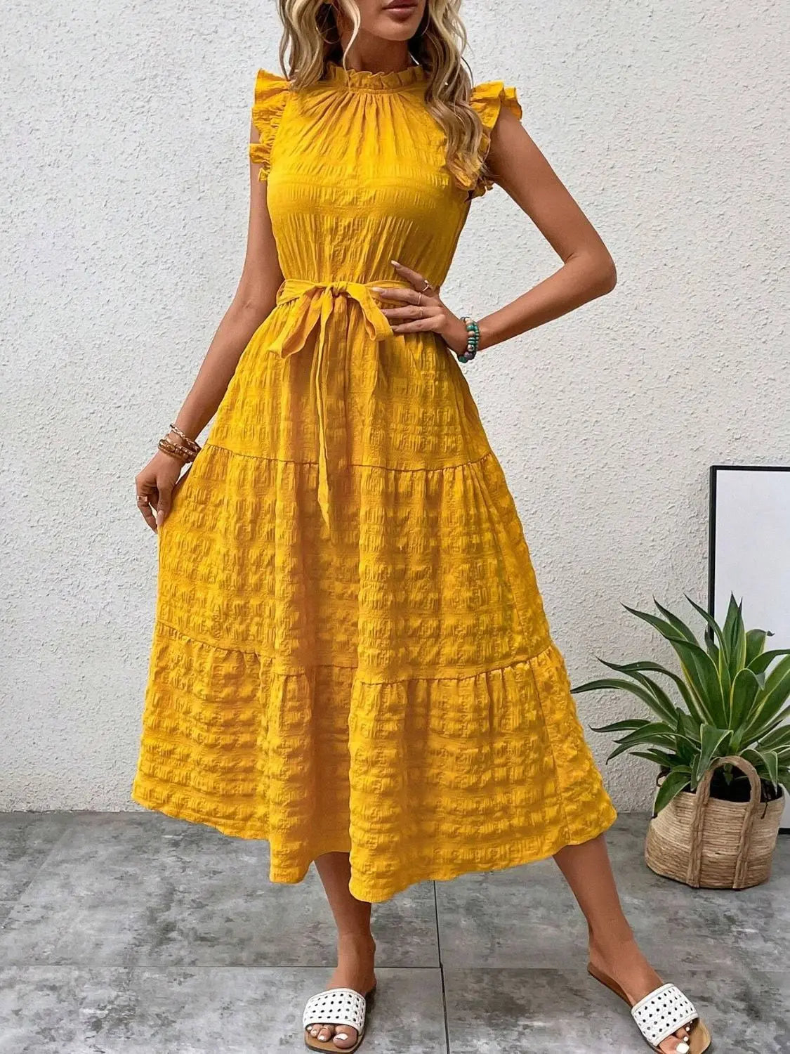Tied Ruffled Cap Sleeve Midi Dress - Be Bliss Boutique