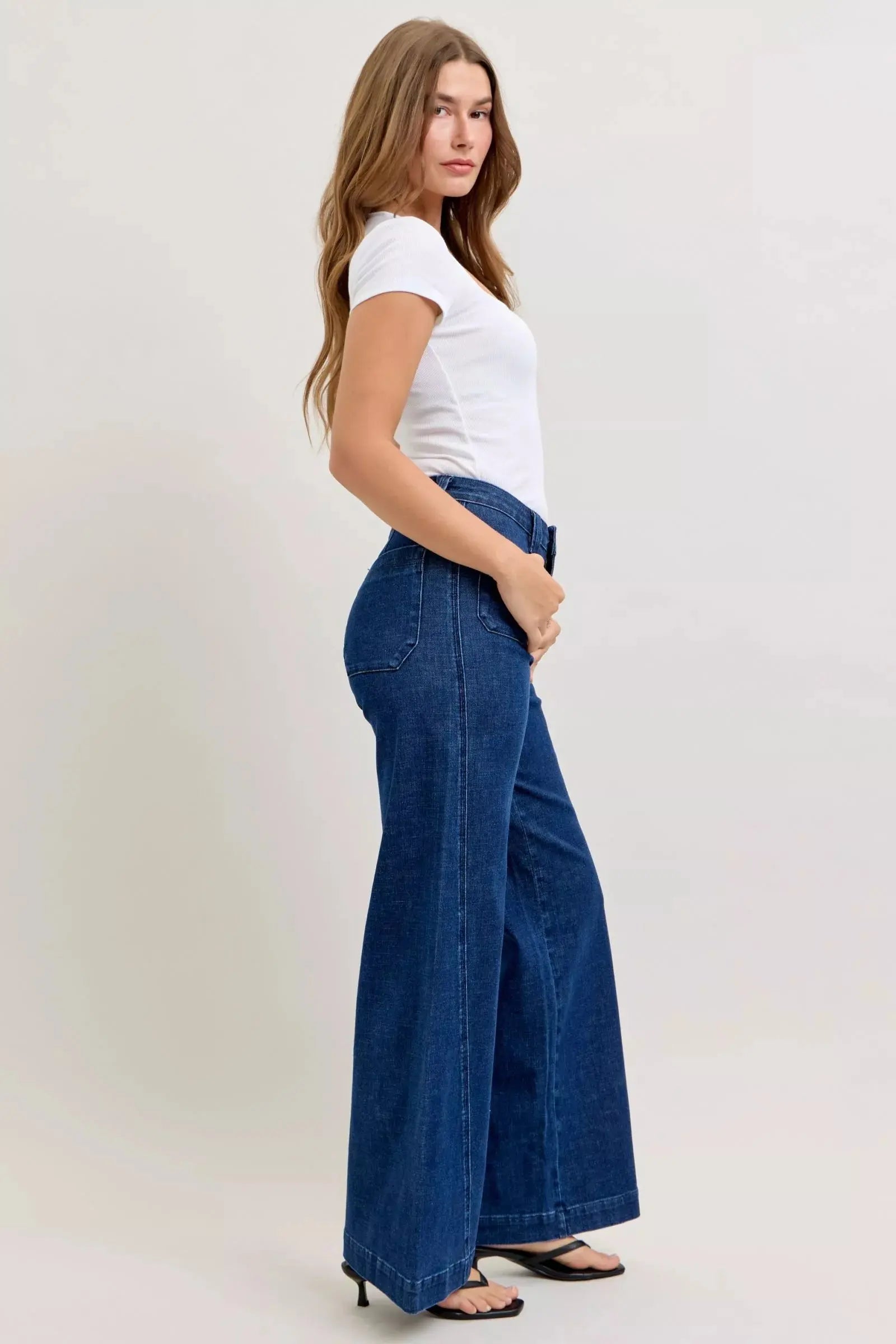 Judy Blue High-Waisted Retro Wide Jeans with Patch Pkts & Twisted Seams - Be Bliss Boutique