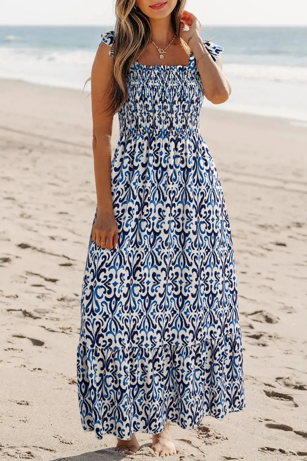 Smocked Printed Square Neck Boho Tiered Midi Dress - Be Bliss Boutique