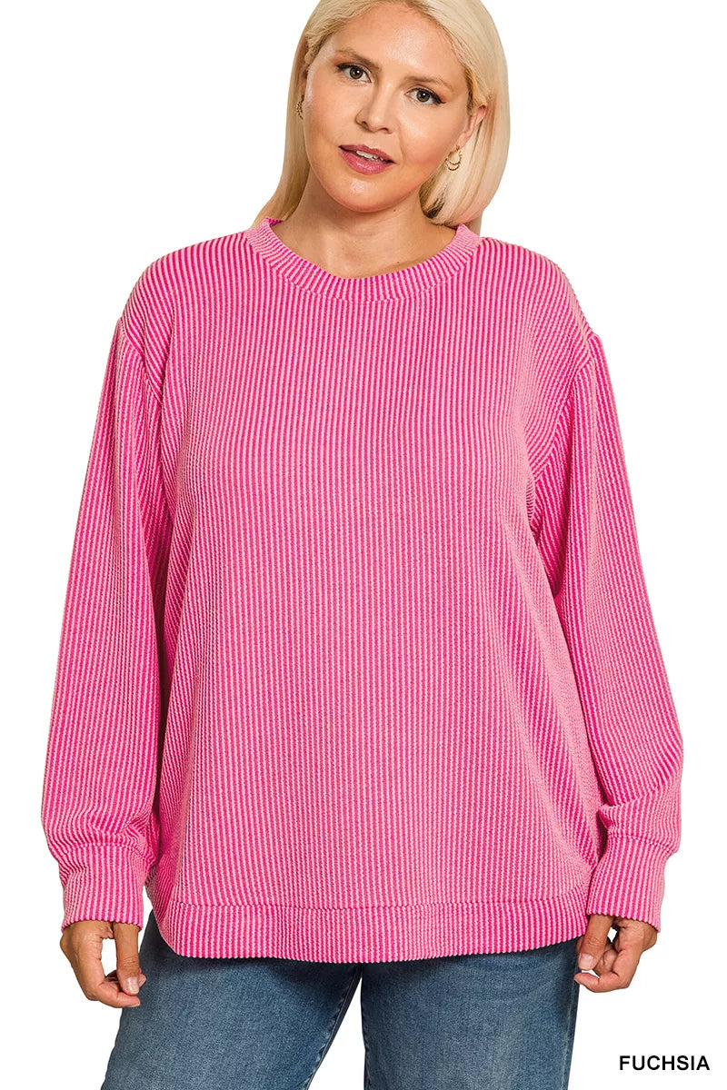 Zenana Full Size Raised Rib Round Neck Long Sleeve Top Plus Size - Be Bliss Boutique