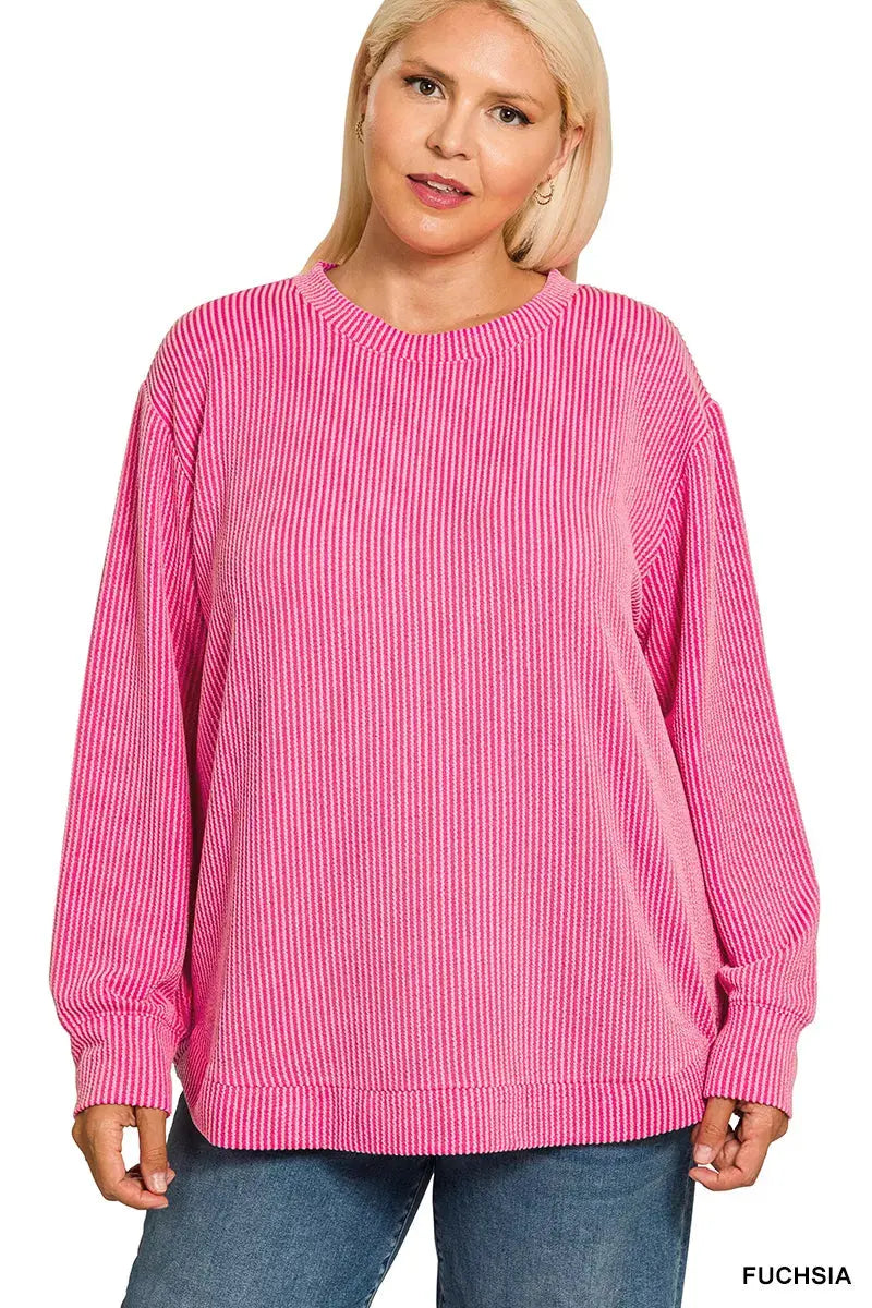 Zenana Plus Size Raised Rib Round Neck Long Sleeve Top - Be Bliss Boutique