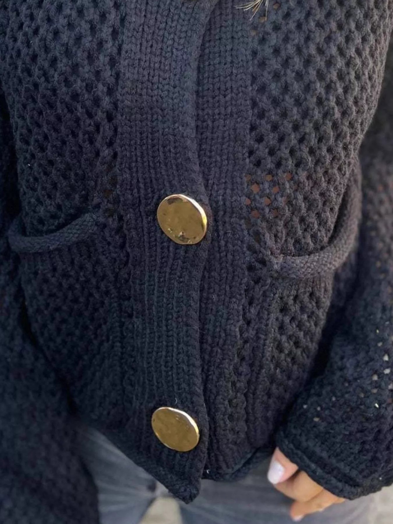 Crochet Button Up Long Sleeve Cardigan -  Be Bliss Boutique