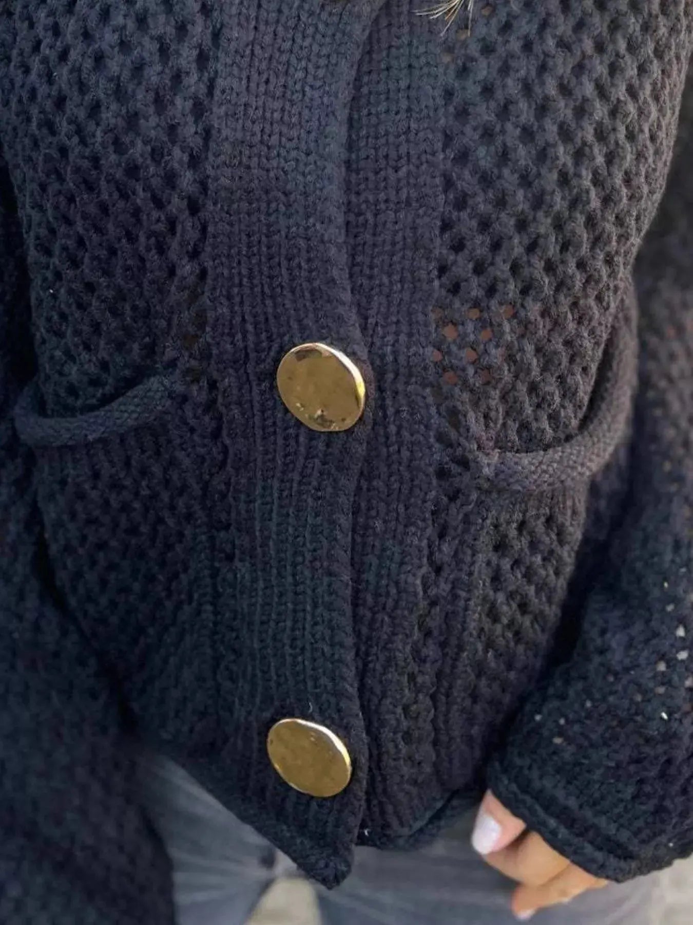 Crochet Button Up Long Sleeve Cardigan - Be Bliss Boutique