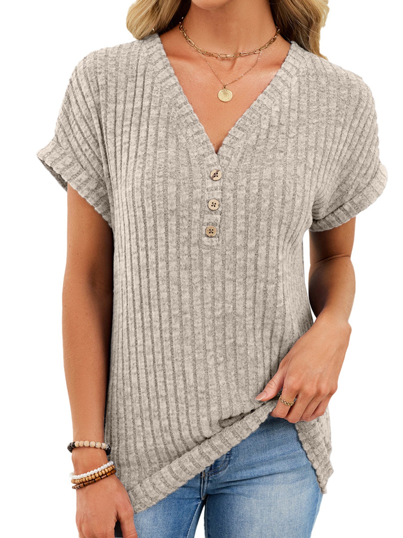 V Neck Ribbed Knit T Shirt - Be Bliss Boutique