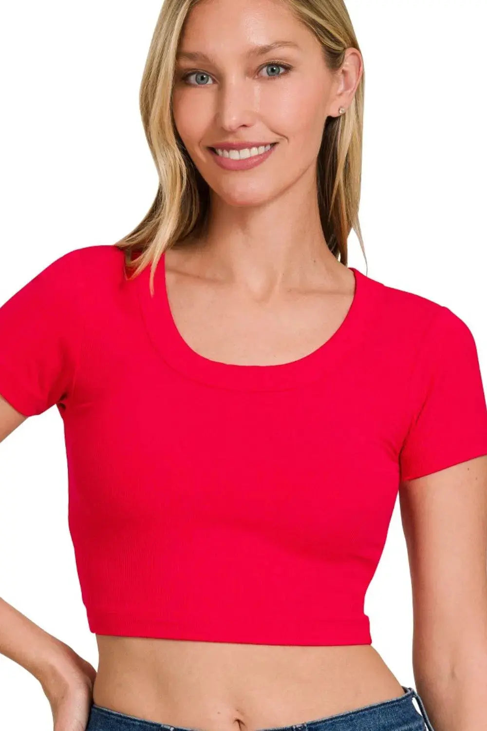 Zenana Ribbed Scoop Neck Short Sleeve Crop Top - Be Bliss Boutique