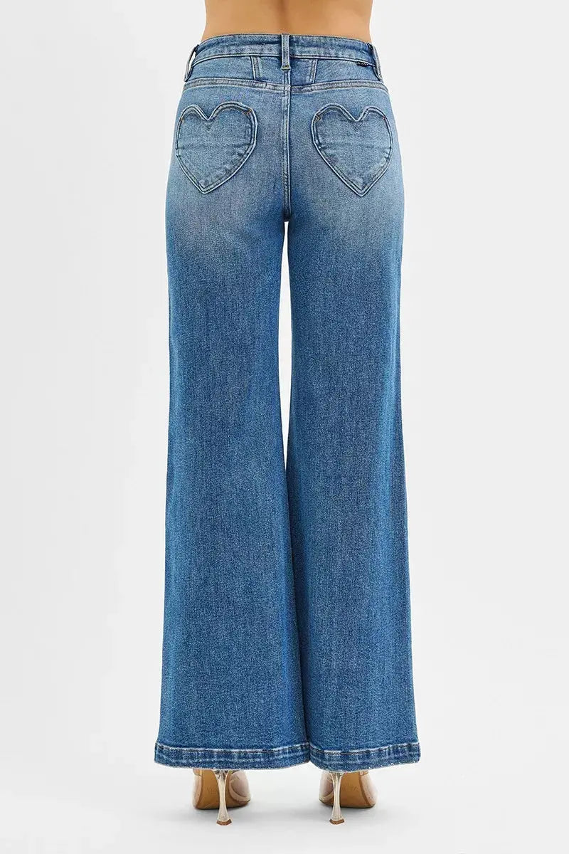 RISEN Jeans - High Rise Wide Leg Jeans with Front Yoke and Heart Back Pocket - Be Bliss Boutique