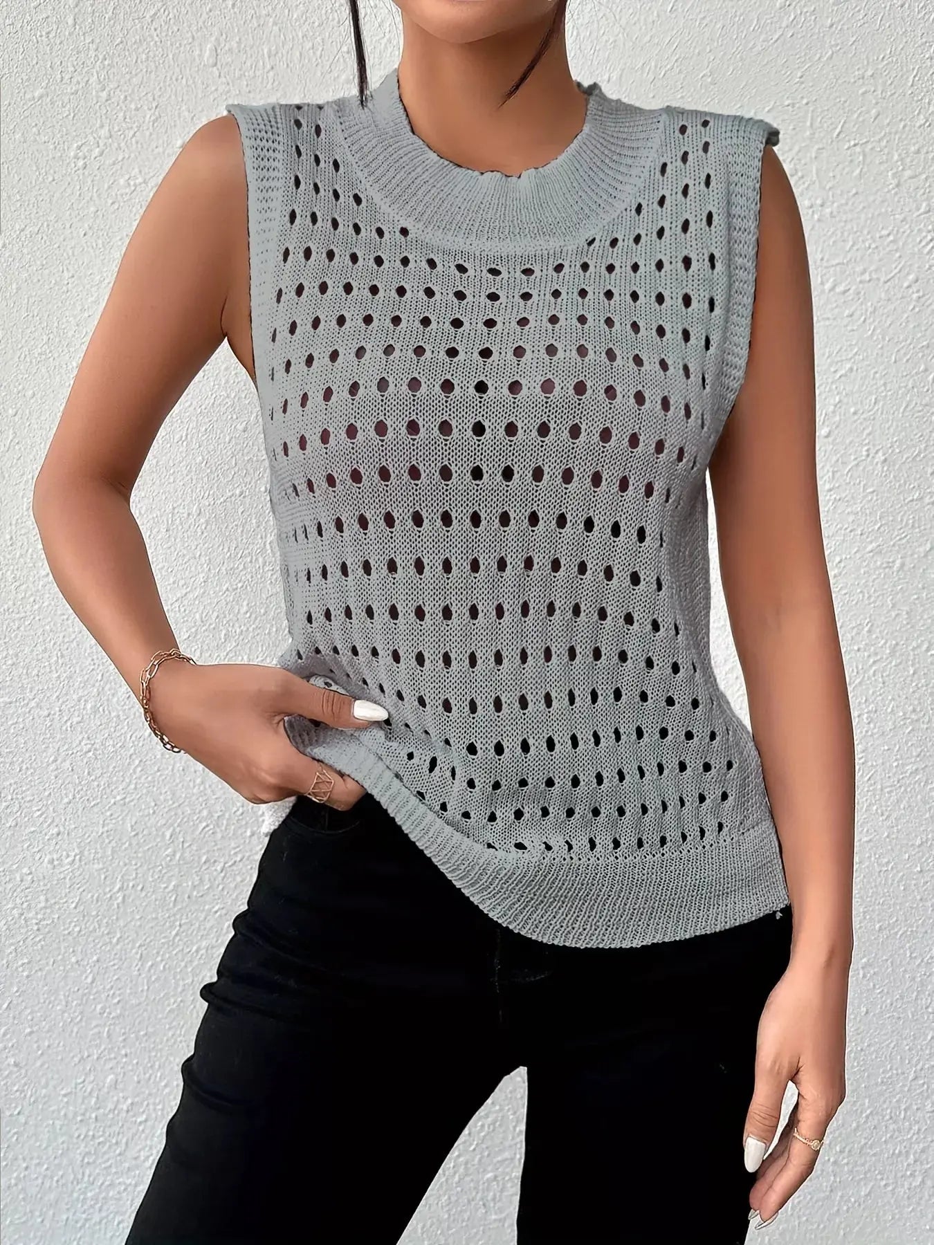 Hollow Out Round Neck Knit Sweater Tank - Be Bliss Boutique