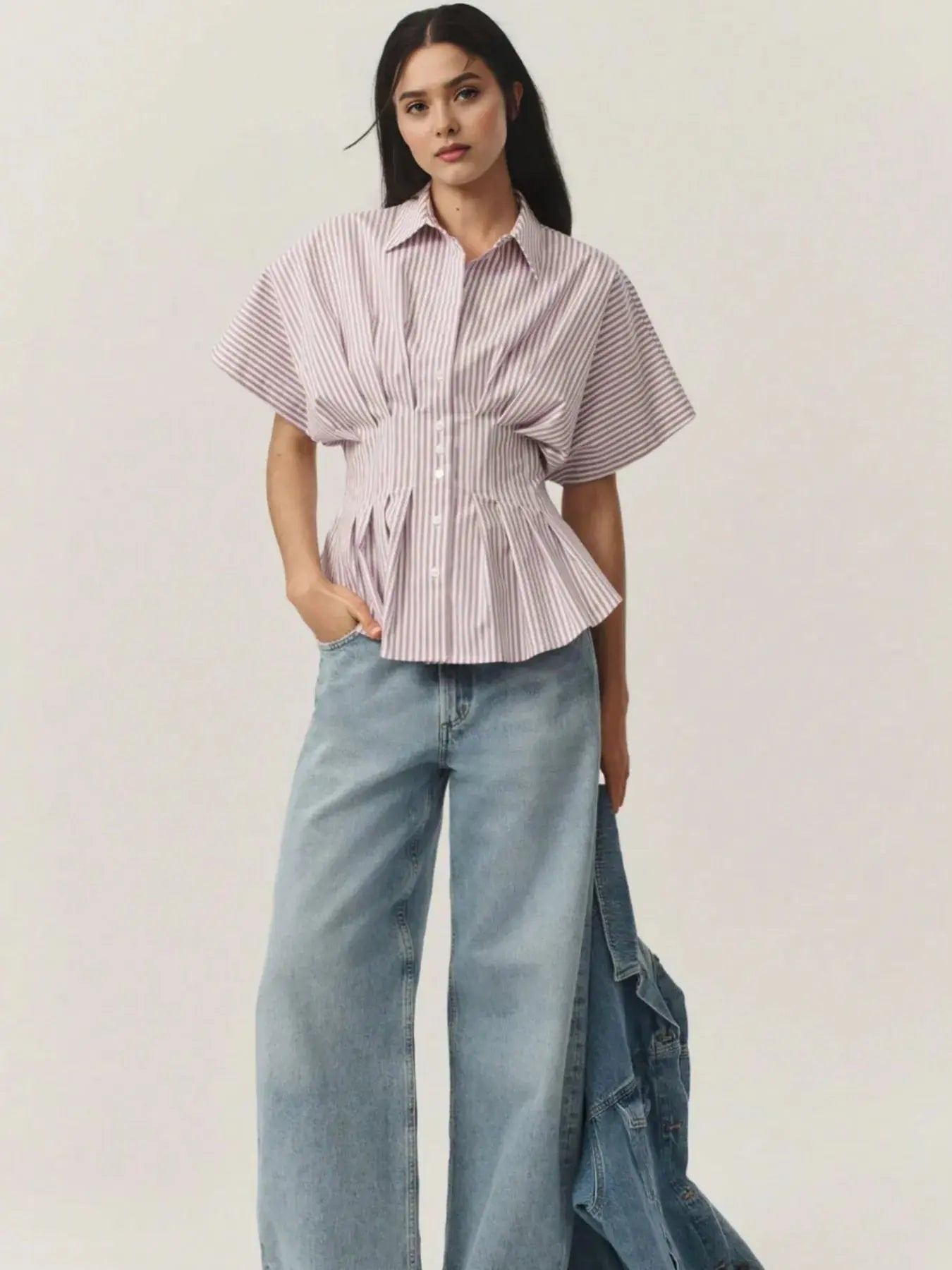 Pinstripe Puff Sleeve Cinched Waist Button Up Shirt - Be Bliss Boutique