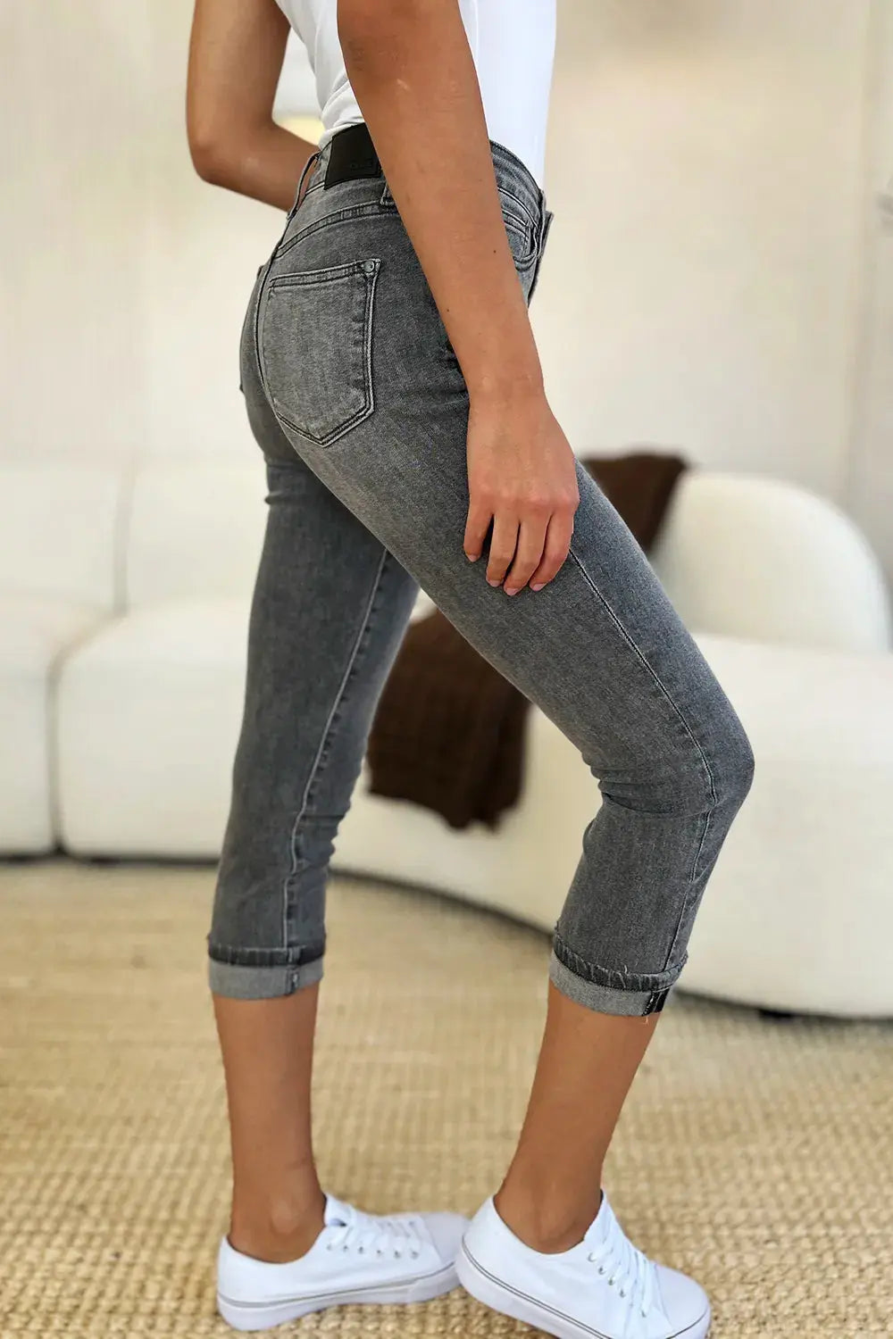 Judy Blue Jeans - Full Size Button Fly High Waist Cuffed Capris - Be Bliss Boutique