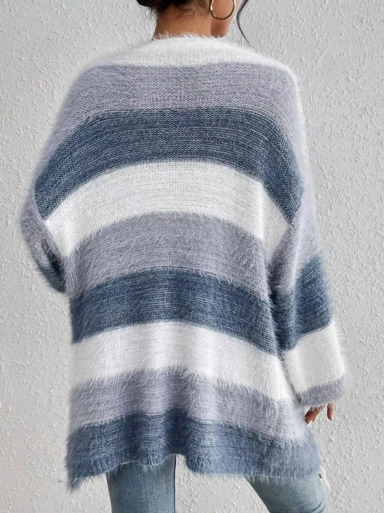 Striped Fuzzy Knit Open Front Cardigan - Be Bliss Boutique