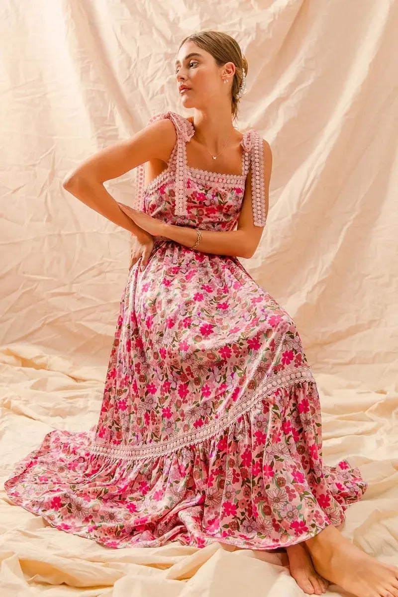 SO ME Floral Maxi Dress with Ribbon Tie Lace Strap - Be Bliss Boutique