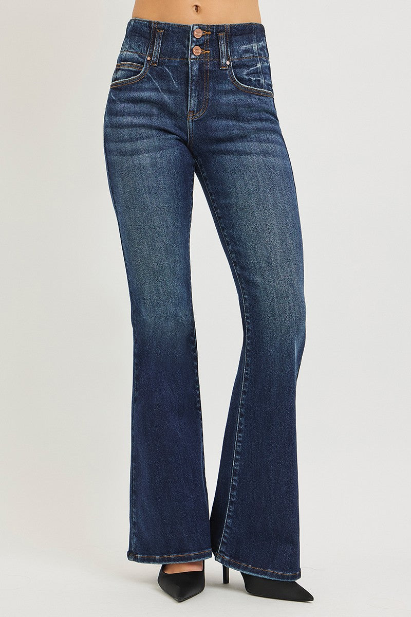 RISEN High Rise Flare Jeans with Seam Detail Waistband - Be Bliss Boutique