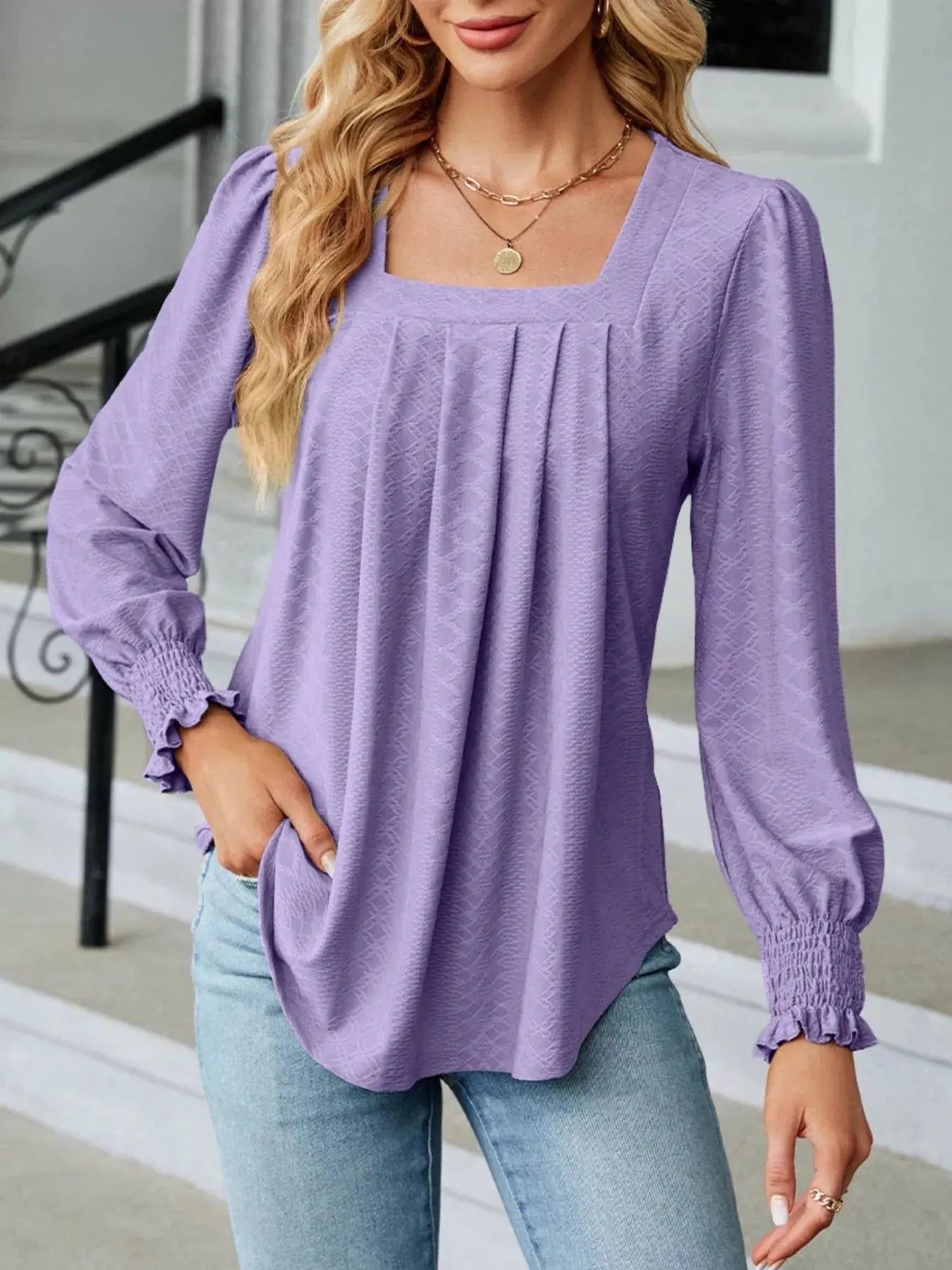 Pleated Square Neck Long Sleeve Top - Be Bliss Boutique