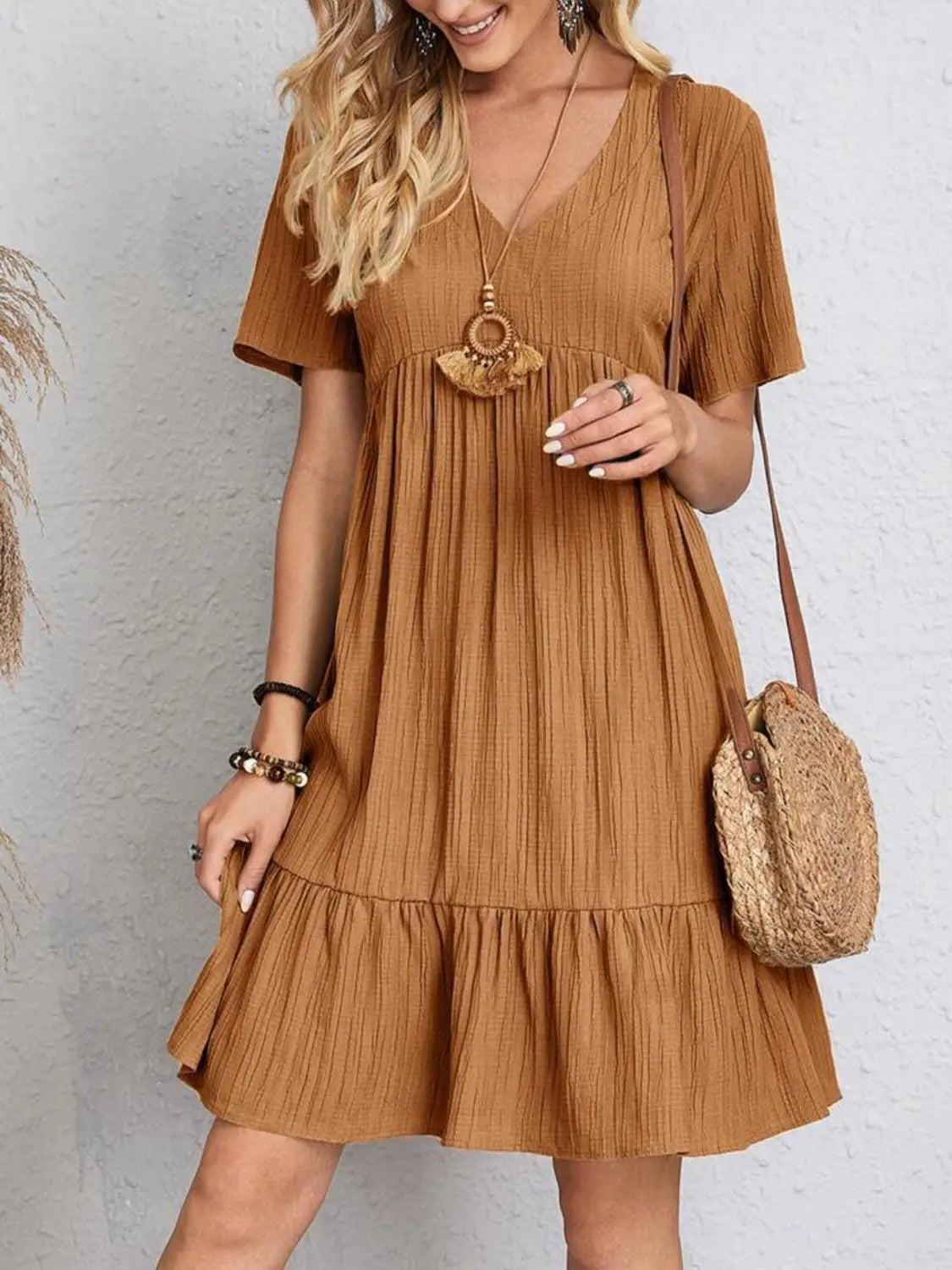 Boho Textured V-Neck Short Sleeve Babydoll Dress - Be Bliss Boutique