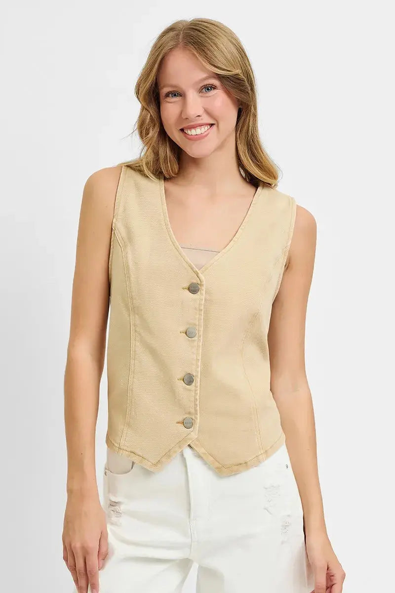 Full Size V Neck Button Down Vest by RISEN Jeans - Be Bliss Boutique