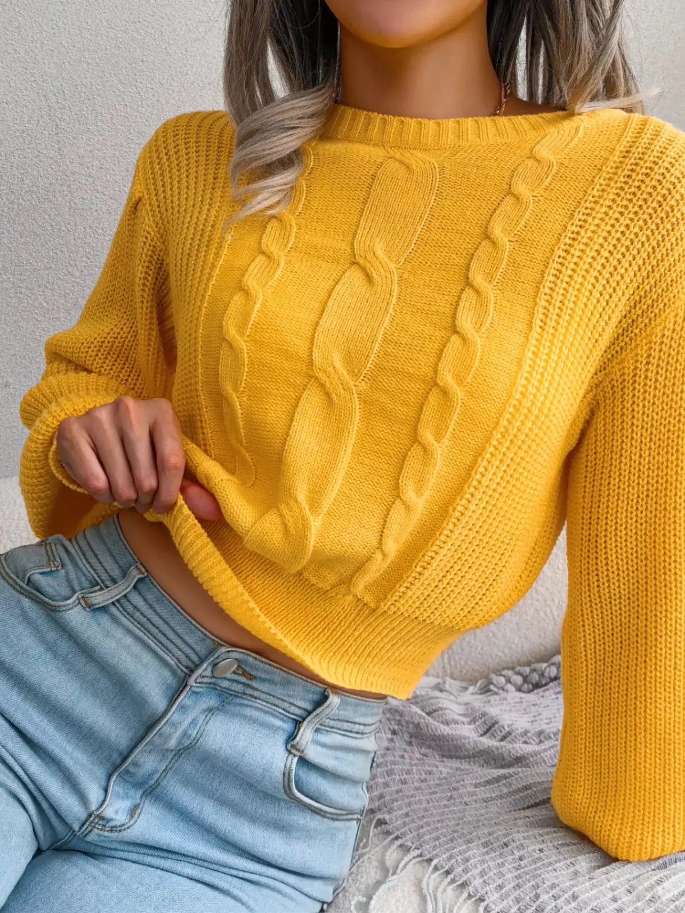 Cable Knit Crew Neck Cropped Sweater - Be Bliss Boutique