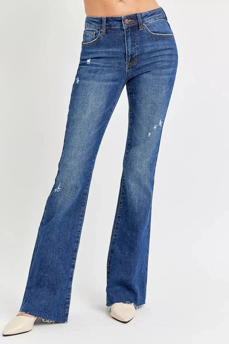 RISEN Jeans - Plus Size Distressed Mid Rise Flare Jeans - Be Bliss Boutique