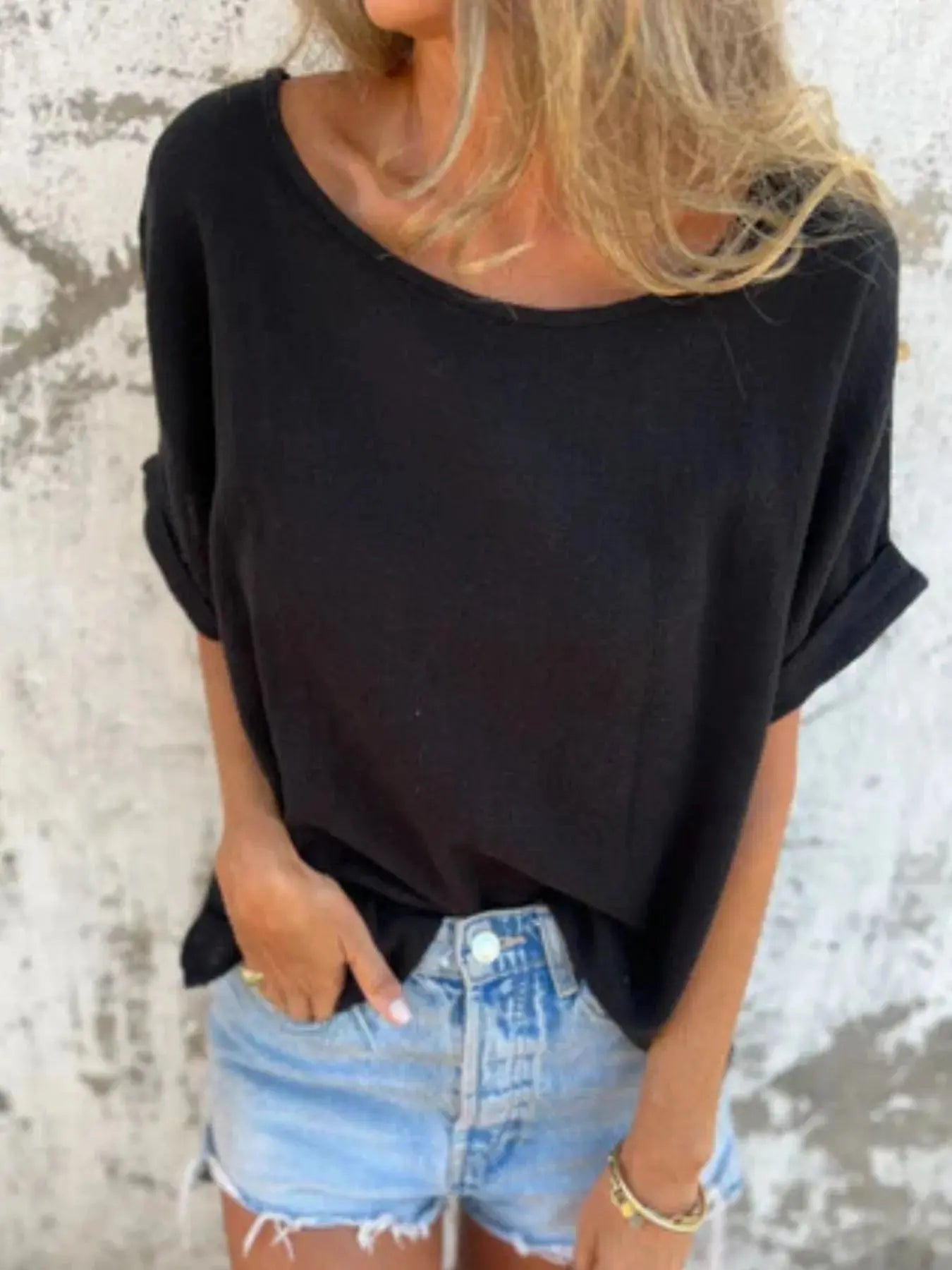Full Size Relaxed Fit Rolled Sleeve T Shirt - Be Bliss Boutique