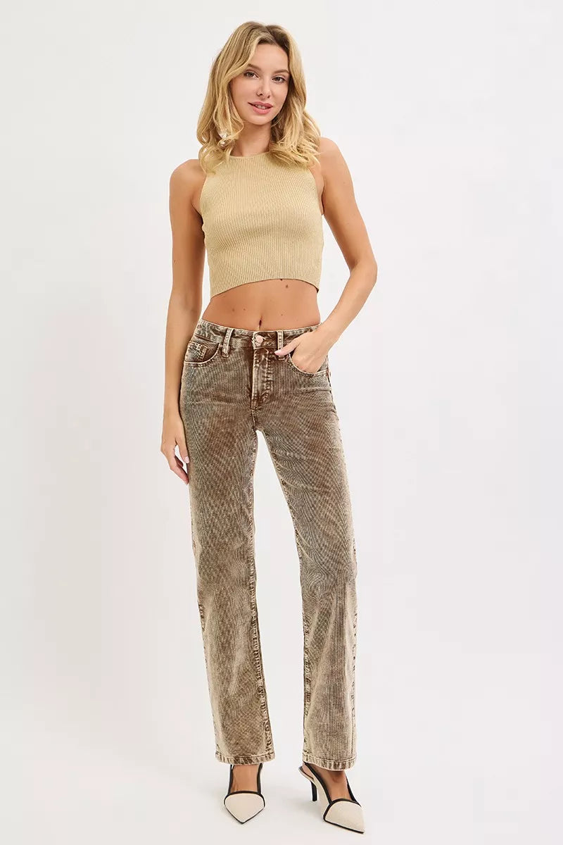 RISEN Tummy Control Mid Rise Straight Leg Corduroy Pants - Be Bliss Boutique
