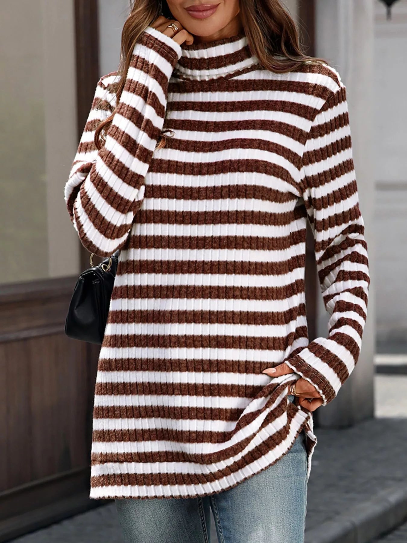 Striped Turtleneck Long Sleeve Knit Top - Be Bliss Boutique