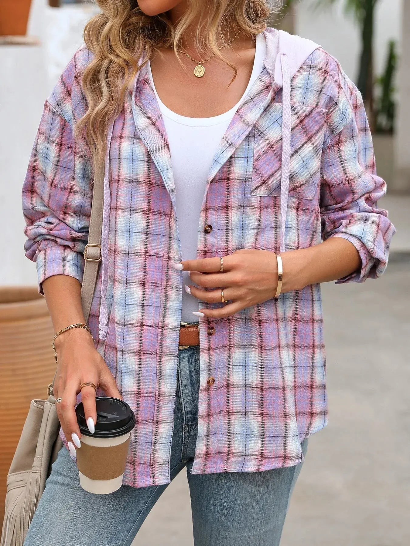 Plaid Button-Up Oversized Hooded Shirt with Chest Pocket - Be Bliss Boutique