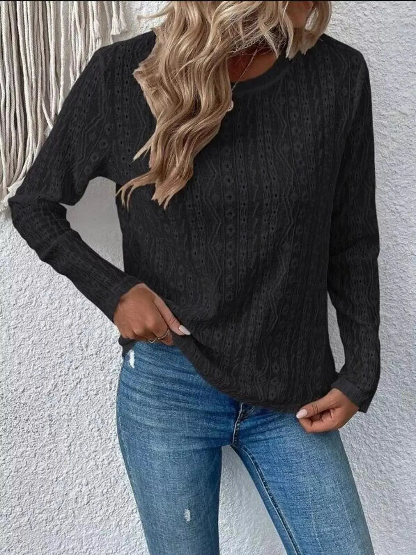 Eyelet Round Neck Plus Size Long Sleeve Blouse - Be Bliss Boutique