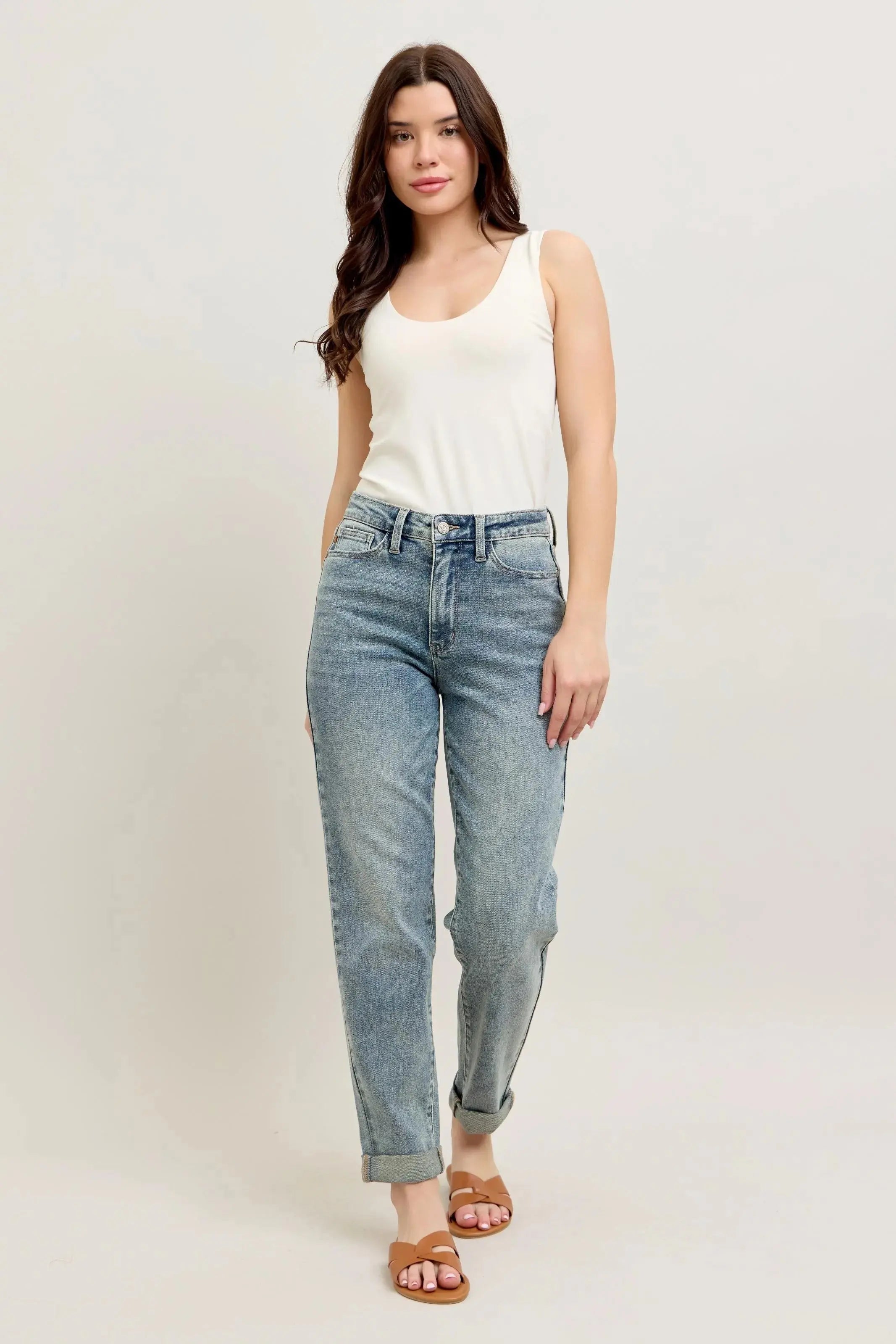 Judy Blue Jeans - Full Size High Waist Vintage Wash Double Roll Cuff Boyfriend Fit - Be Bliss Boutique