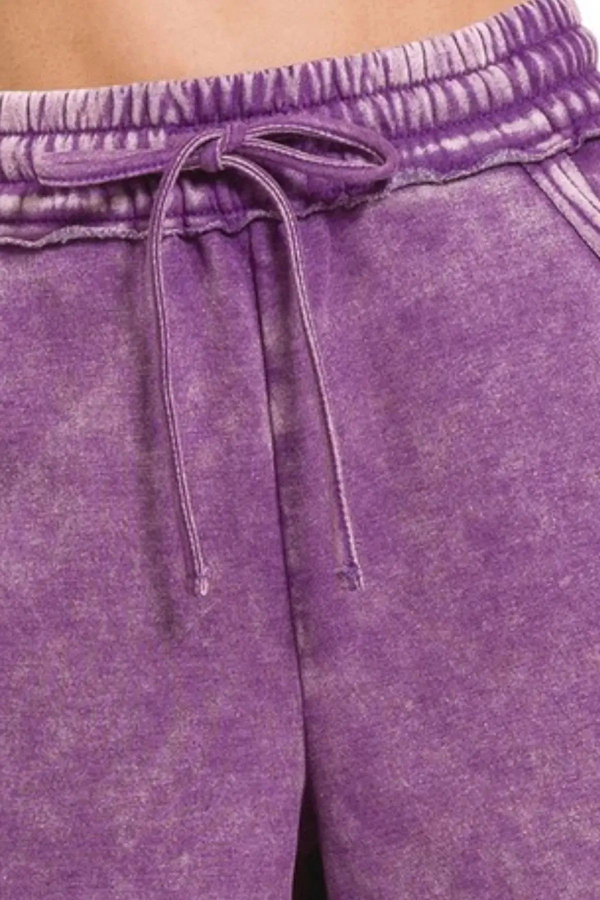Zenana Purple Acid Wash Fleece Drawstring Shorts with Pockets - Be Bliss Boutique