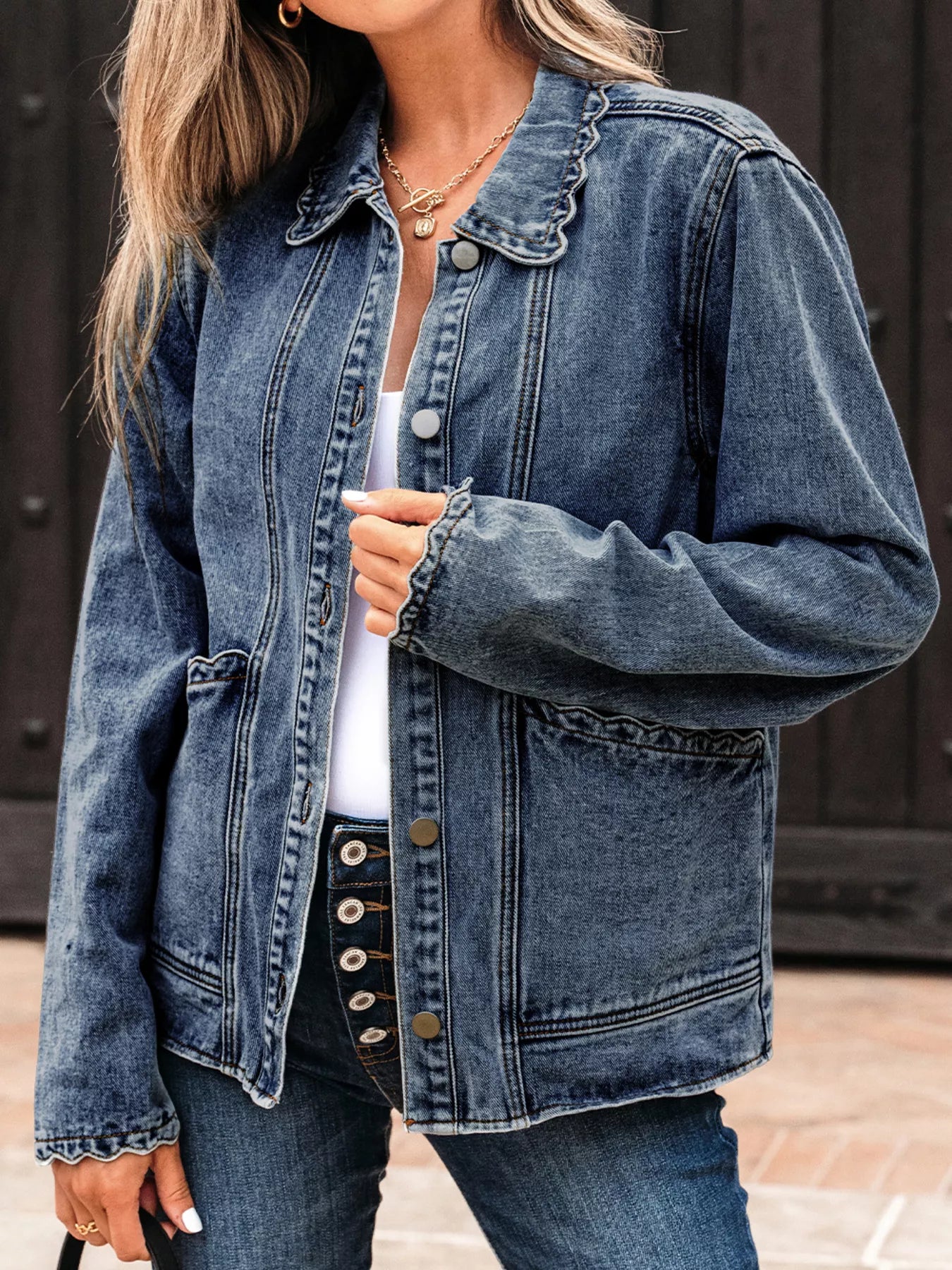 Scallop Trim Collar Patched Pocket Button Up Denim Jacket - Be Bliss Boutique