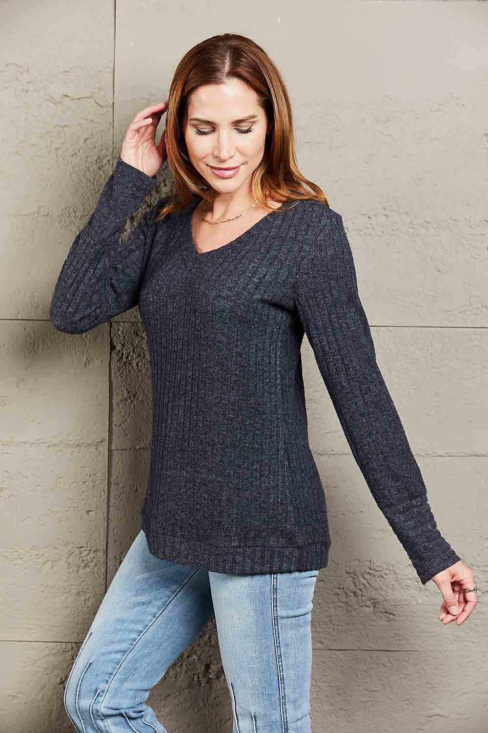 Mandy V Neck Long Sleeve Ribbed Top - Be Bliss Boutique