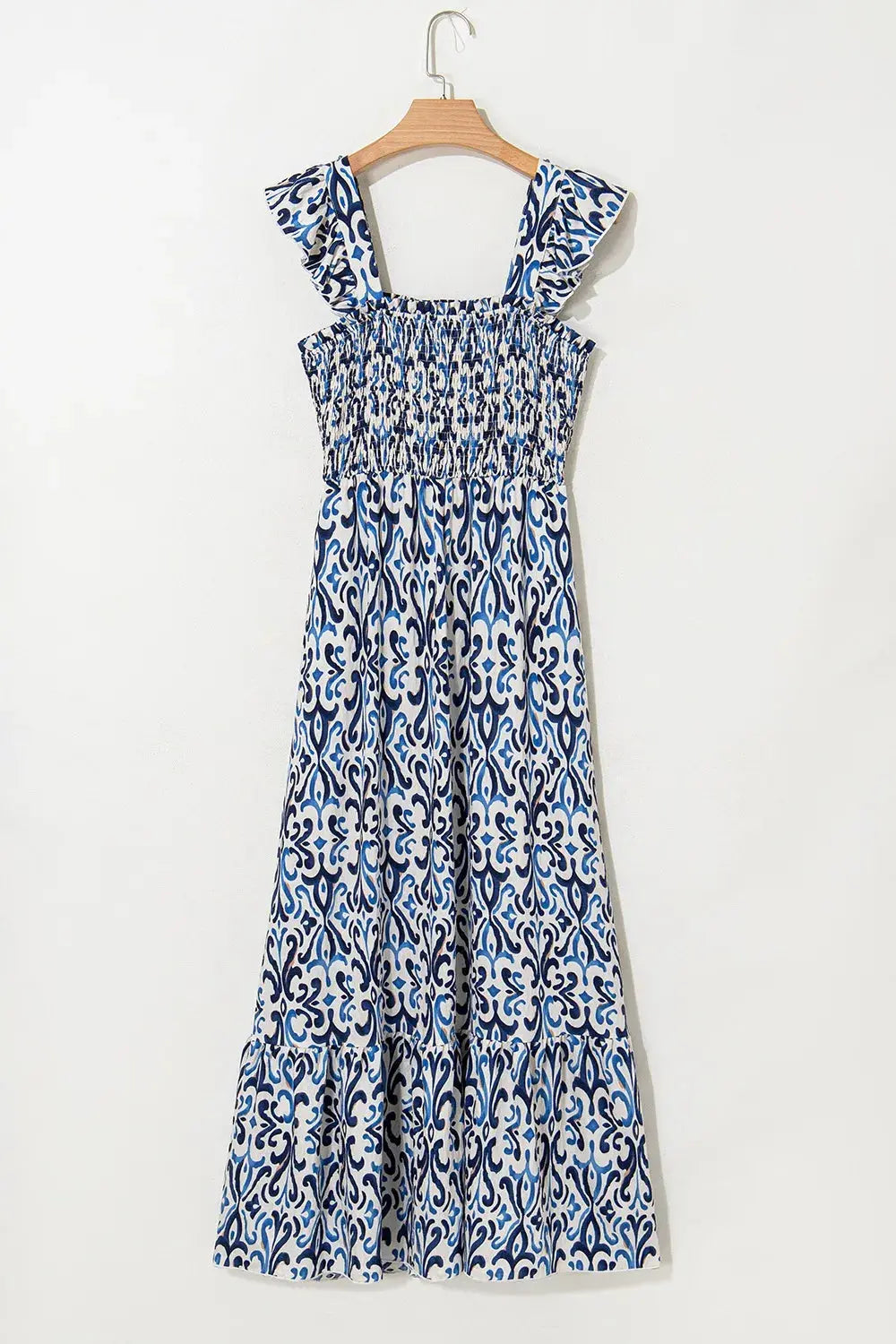 Smocked Printed Square Neck Boho Tiered Midi Dress - Be Bliss Boutique