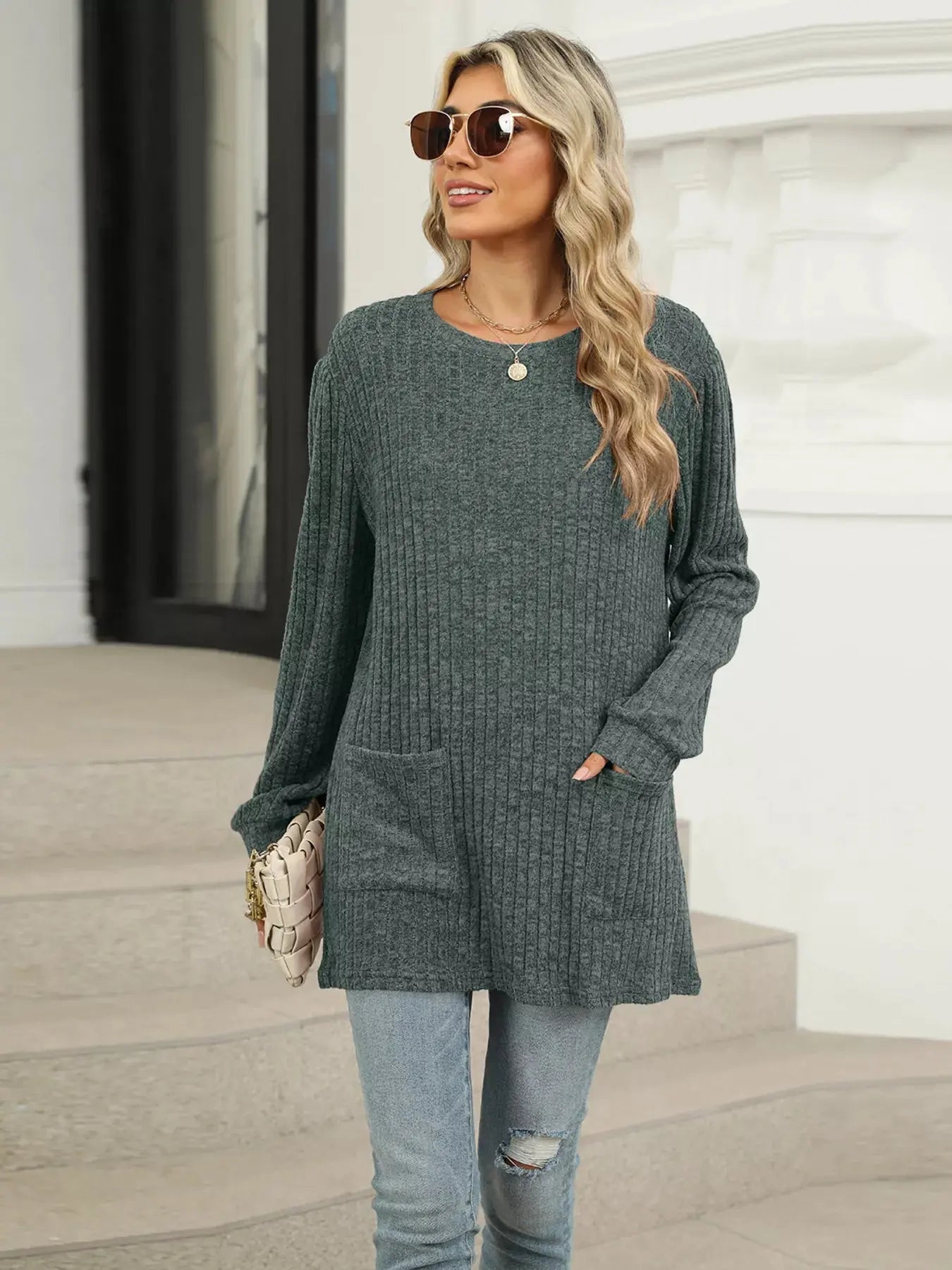 Cozy Ribbed Knit Long Sleeve Tunic Top with Pockets - Be Bliss Boutique