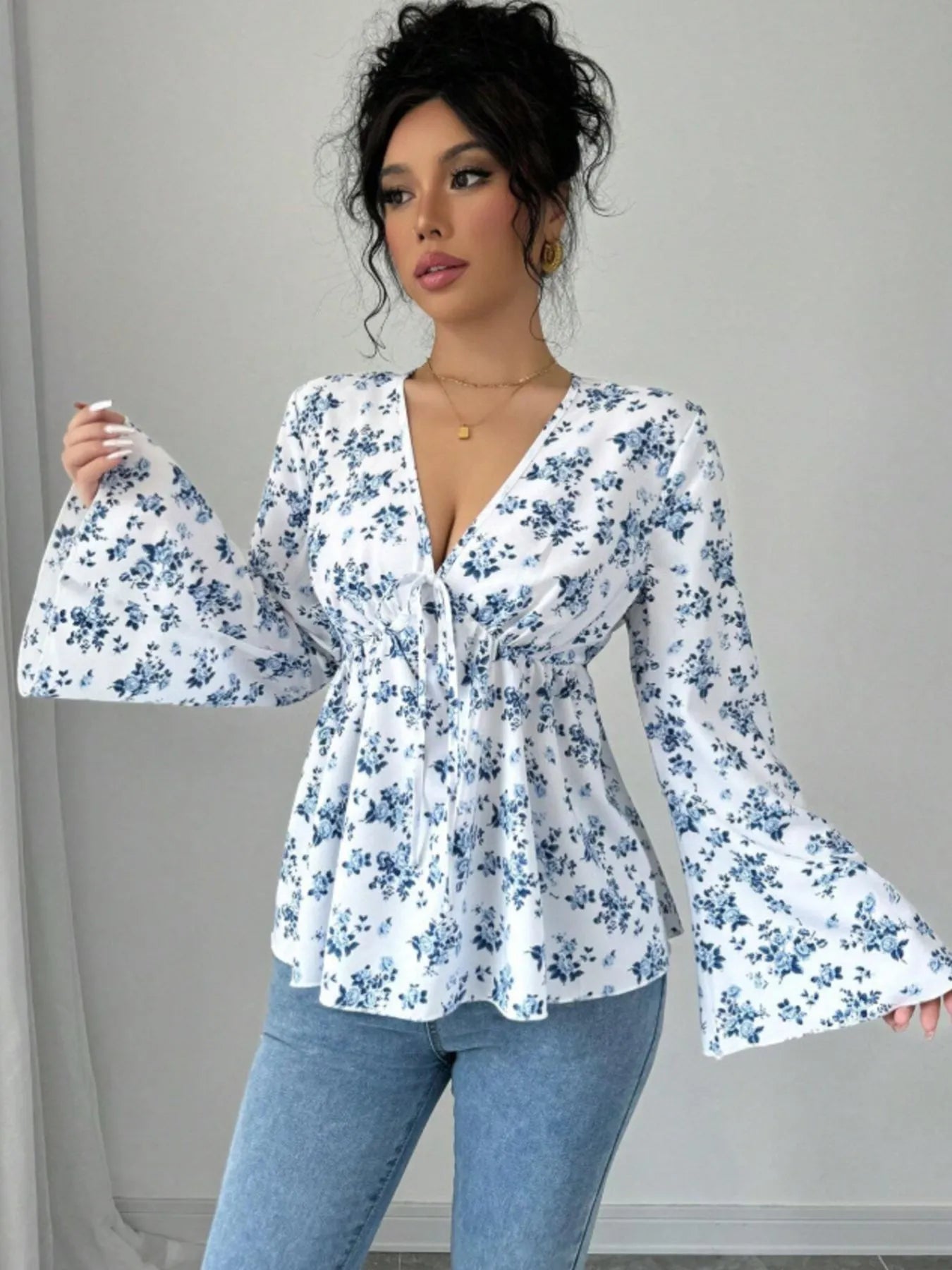 Floral Print V-Neck Long Sleeve Blouse - Be Bliss Boutique