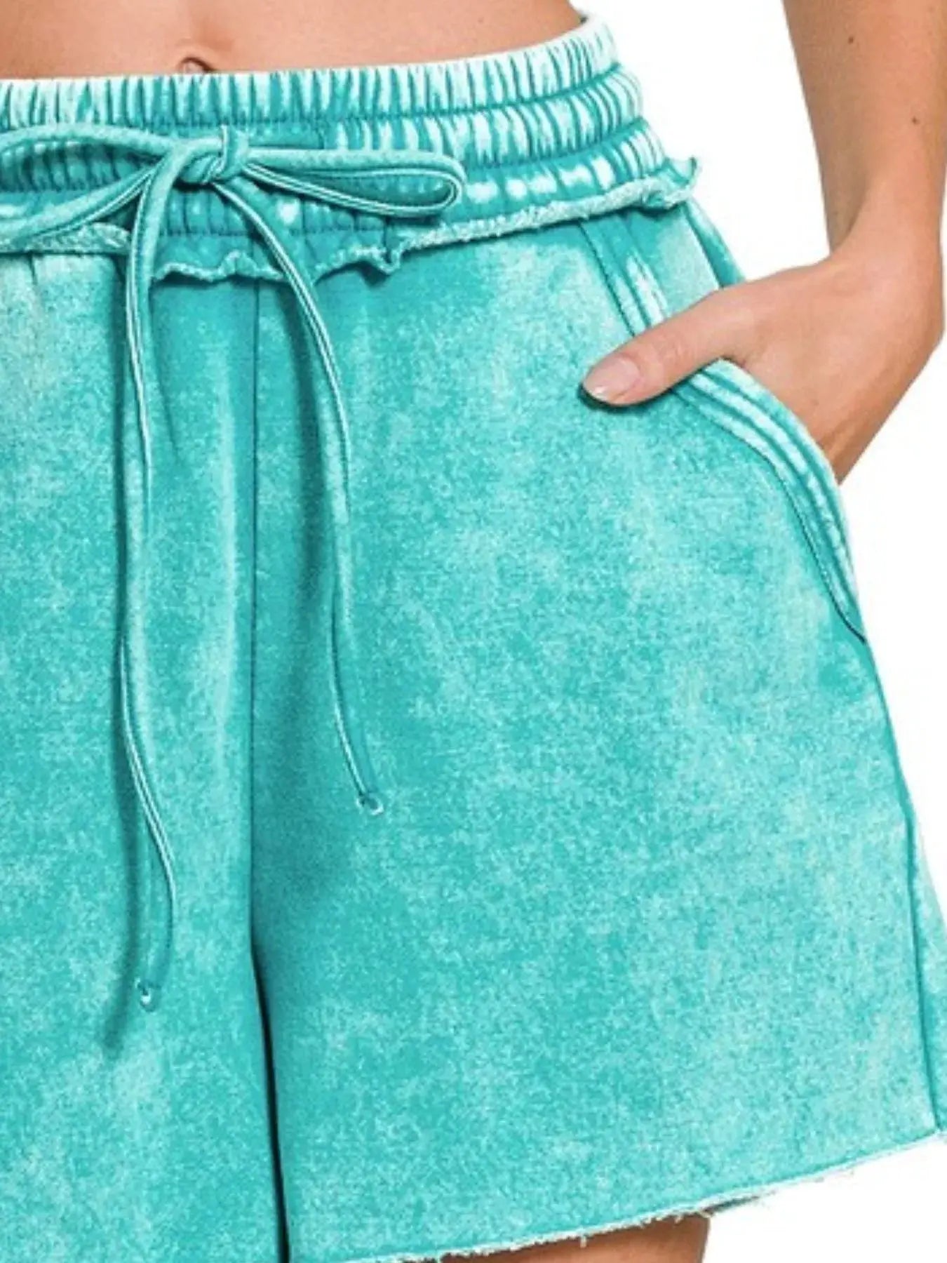 Zenana Teal Acid Wash Fleece Drawstring Shorts With Pockets - Be Bliss Boutique