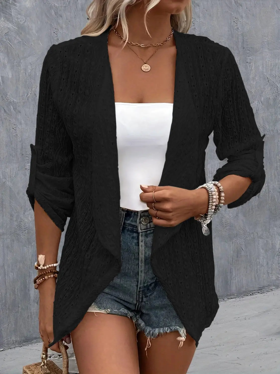 Eyelet Roll-Tab Sleeve Cardigan - Be Bliss Boutique
