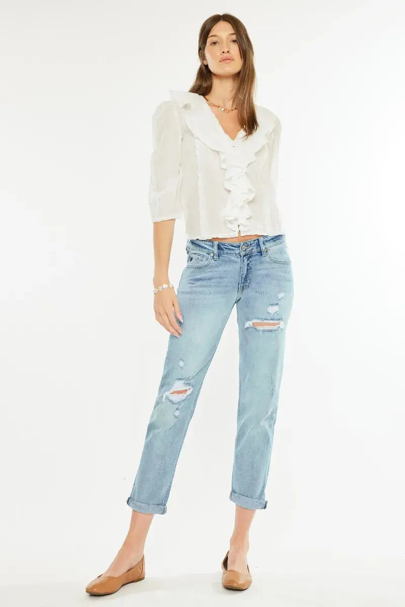 Mid Rise Distressed Kancan Boyfriend Jeans - Light Wash - Be Bliss Boutique