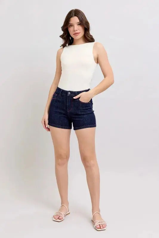 Judy Blue Jeans - Plus Size High Waist Heart Shaped Pockets Denim Shorts with Red Contrast Thread - Be Bliss Boutique