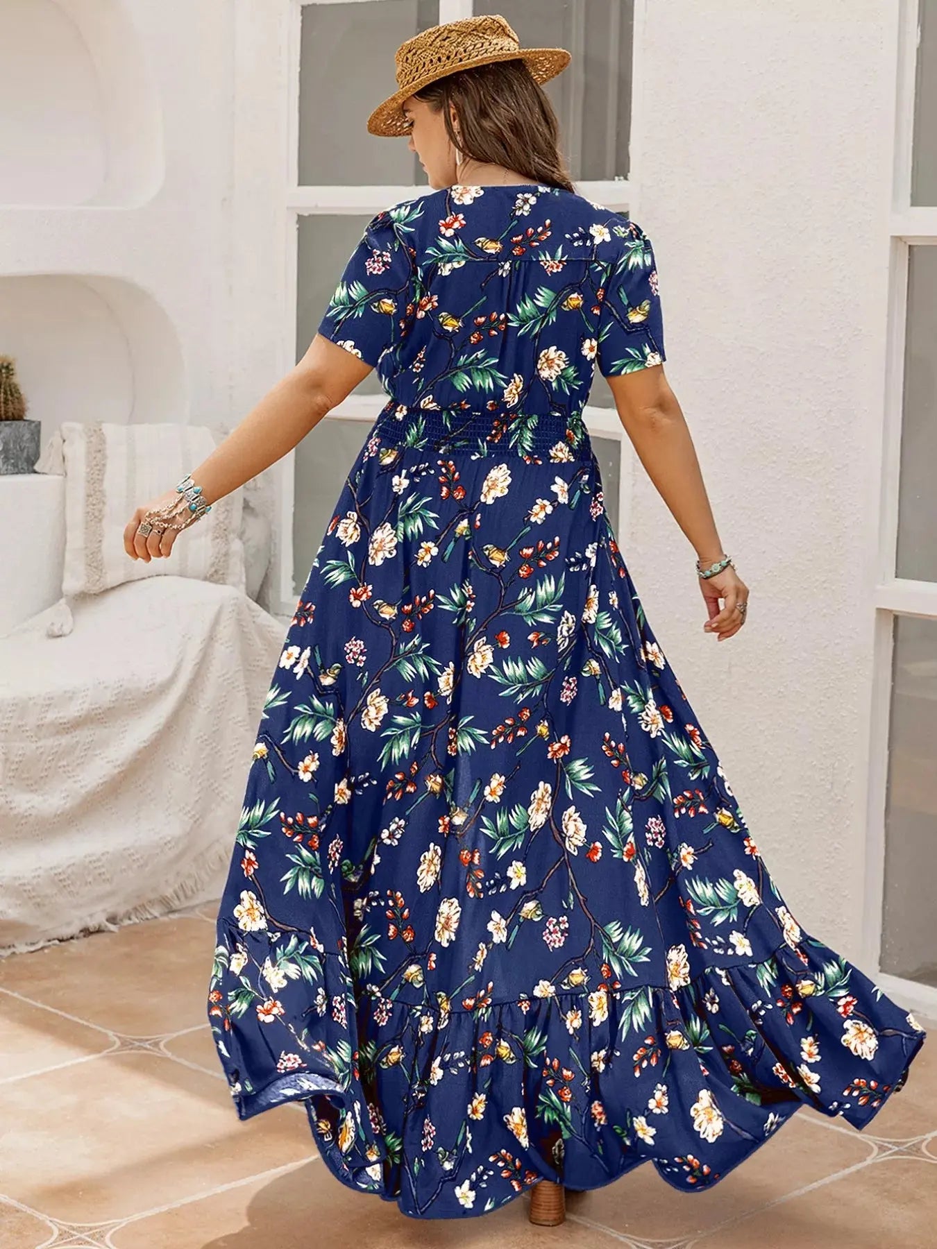 Plus Size Floral V Neck Short Sleeve Maxi Dress - Be Bliss Boutique