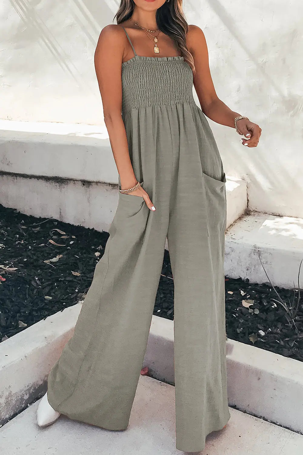 Smocked Spaghetti Strap Wide Leg Jumpsuit - Be Bliss Boutique
