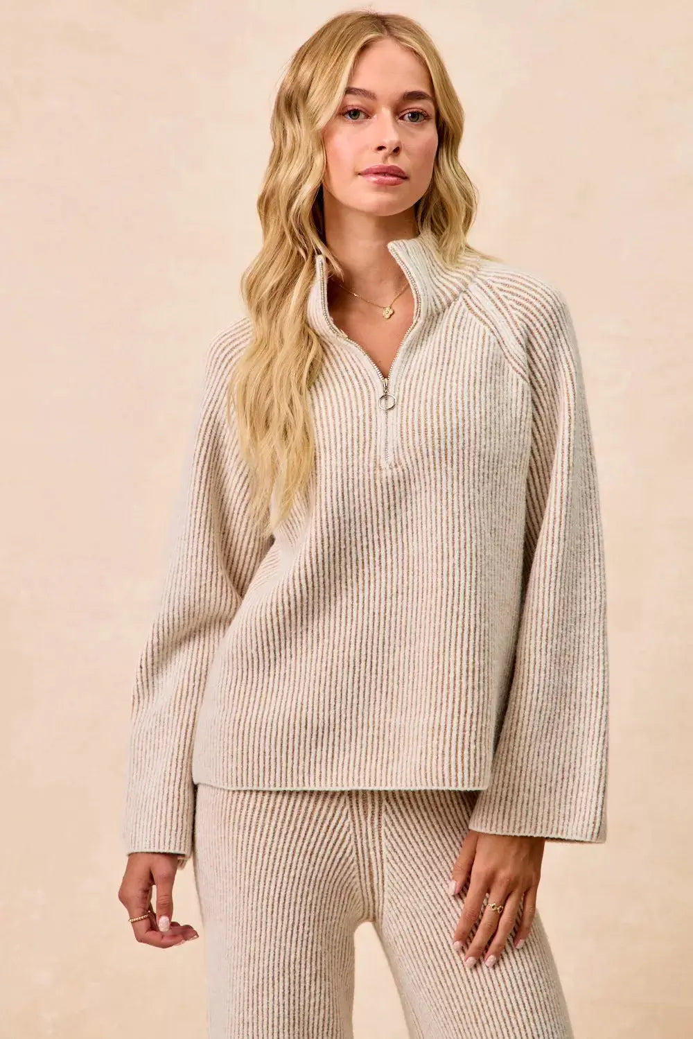 BiBi Two Tone Ribbed Textured Knit Sweater with Zip Up Collar - Be Bliss Boutique